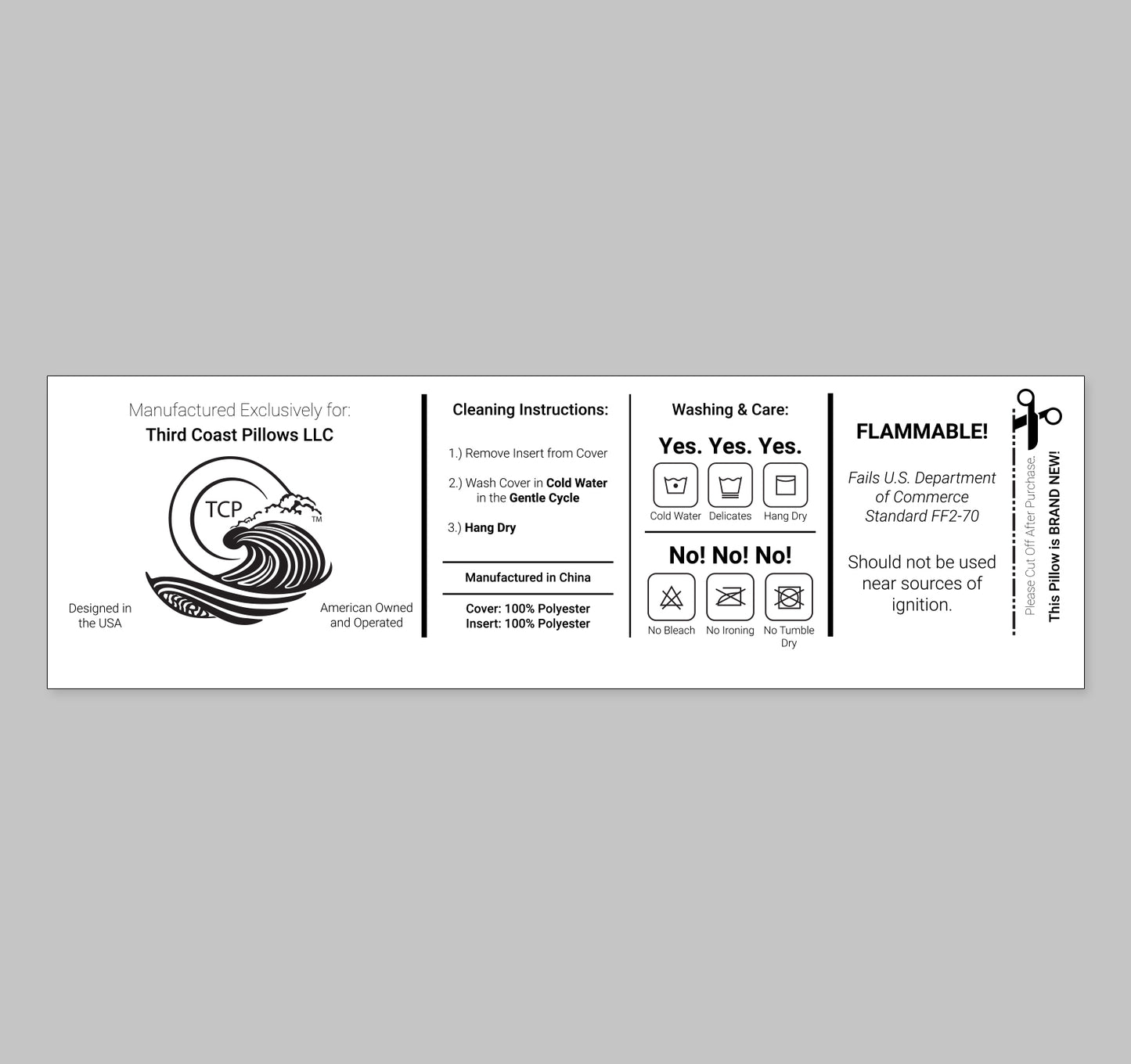 Image of the Product's Tag featuring the Company Name, Cleaning Instructions, Washing and Care Icons, and a Flammability Warning.