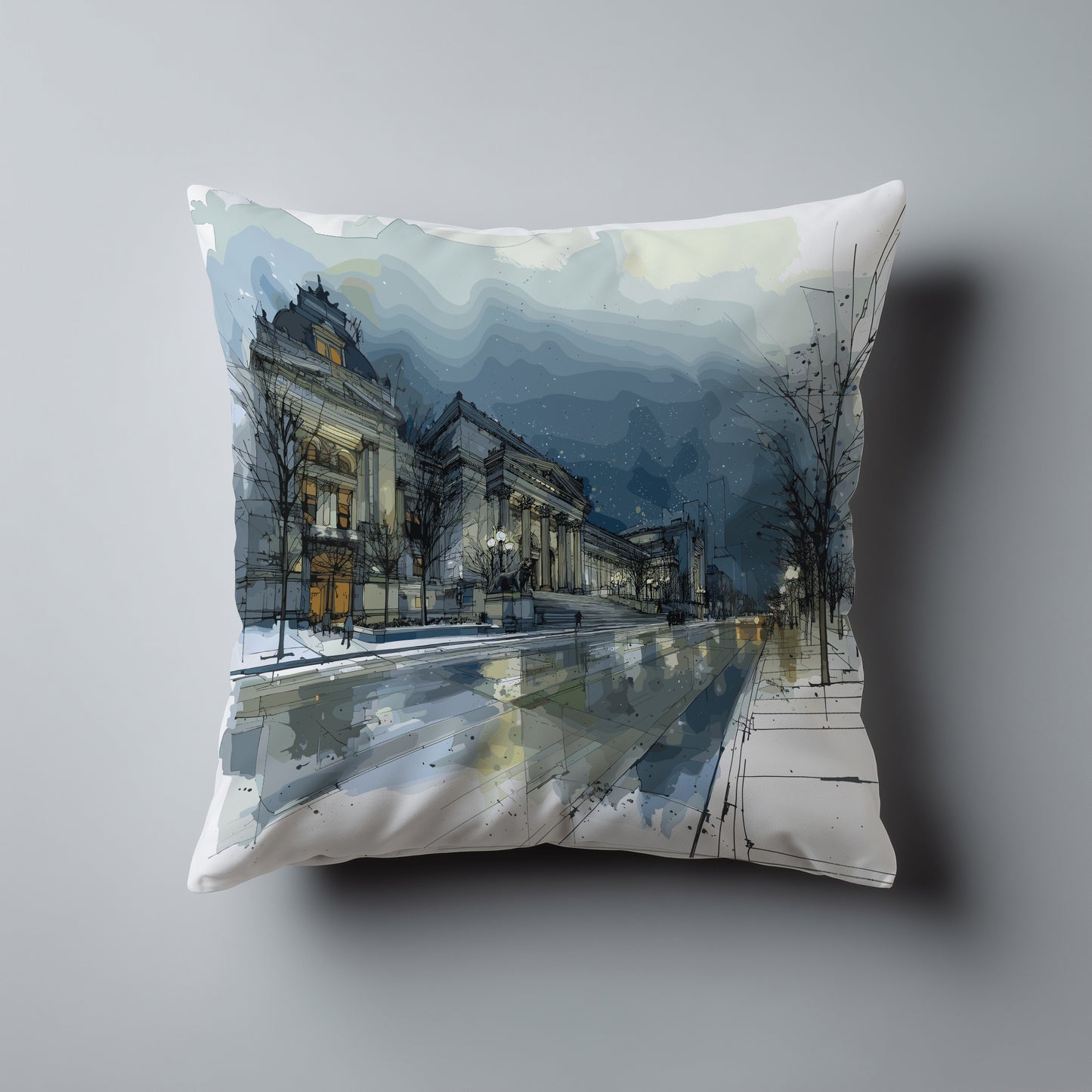 Perspective drawing of Chicago's Art Institute with graphic pen and water color on a Third Coast Pillow