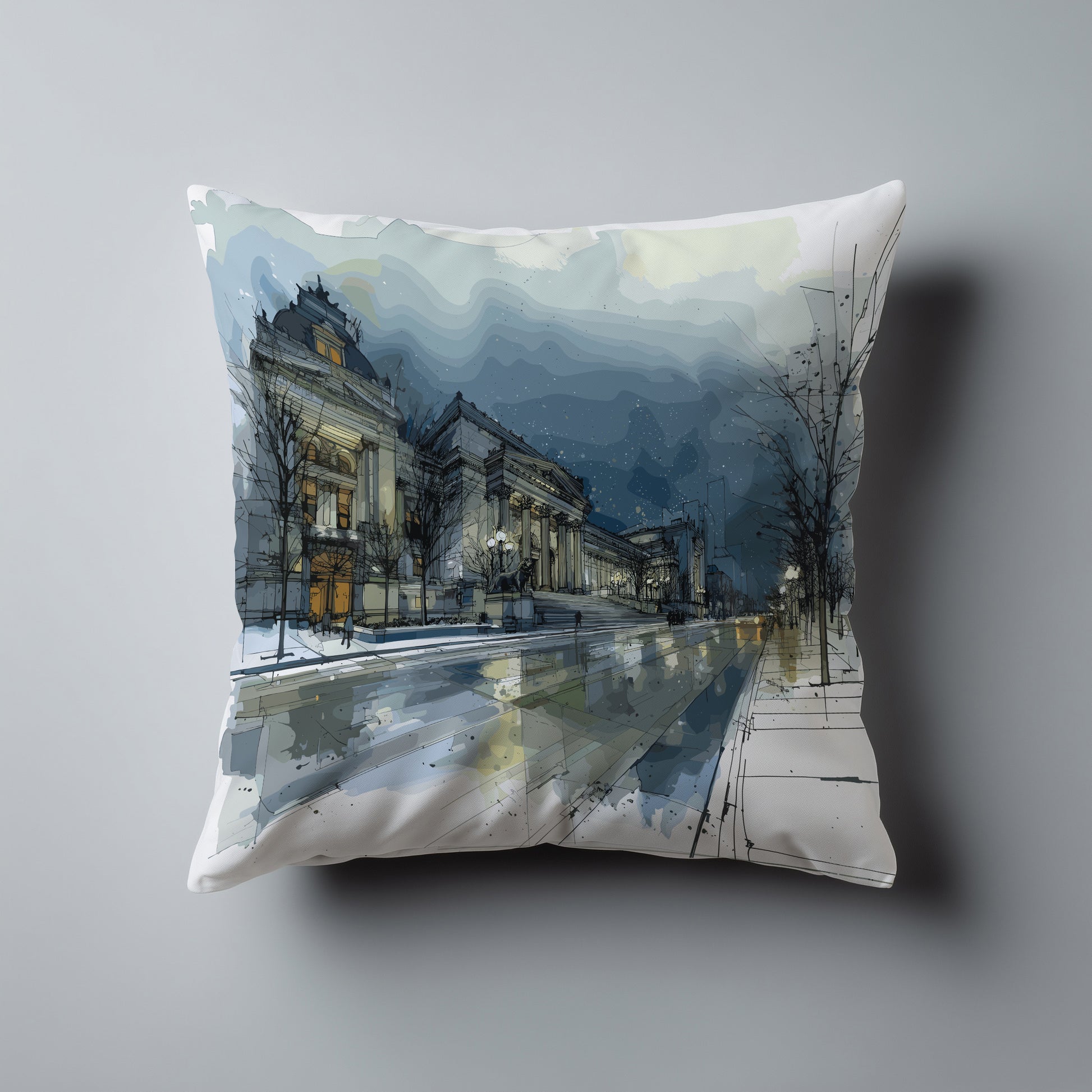 Perspective drawing of Chicago's Art Institute with graphic pen and water color on a Third Coast Pillow