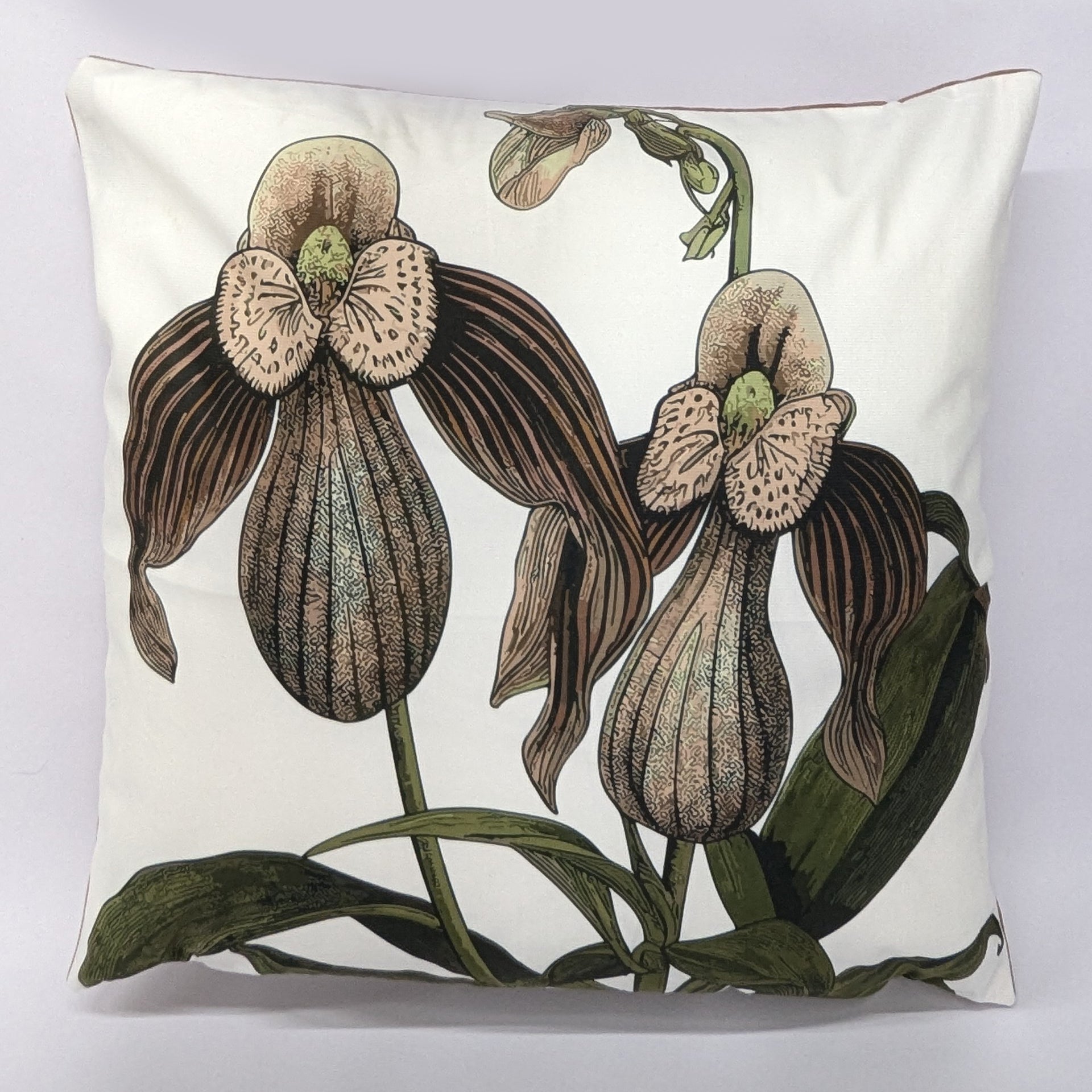 Decorative pillow featuring the state flower of Minnesota, Purple Showy Lady's Slippers, with a purple bloom design on a white background by Third Coast Pillows.