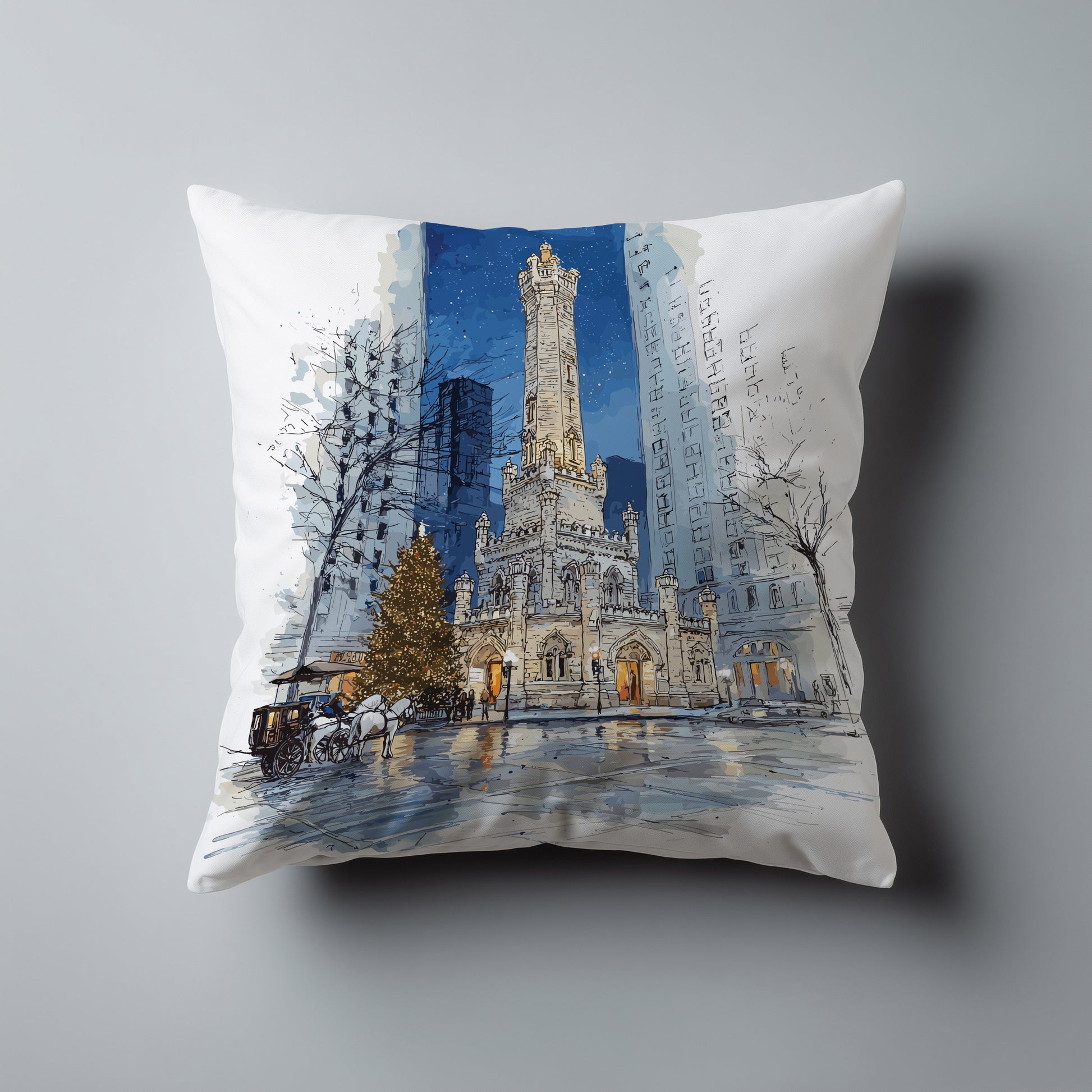 Chicago Water Tower Pillow with Horse Drawn Carriage during the winter