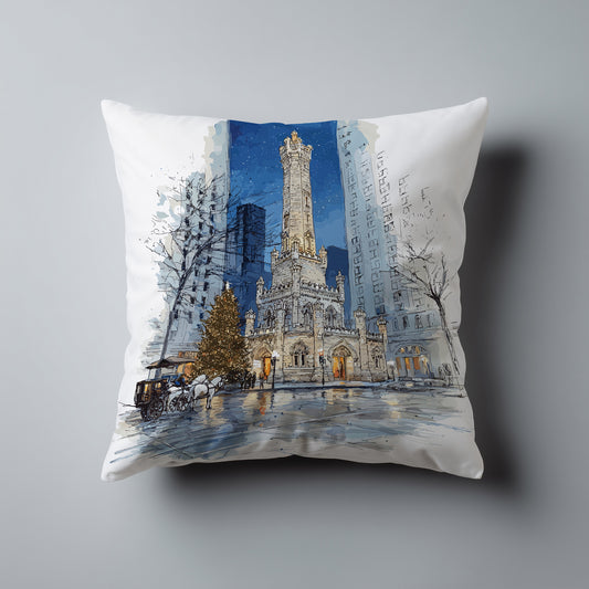Chicago Water Tower Pillow with Horse Drawn Carriage during the winter